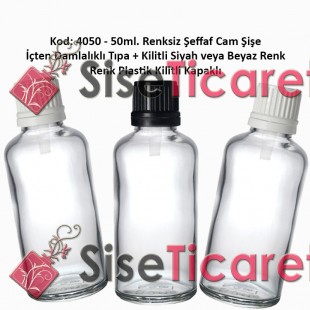 İçten Damlalıklı Tıpalı Renksiz Cam Şişe 50ml Kod: 4050