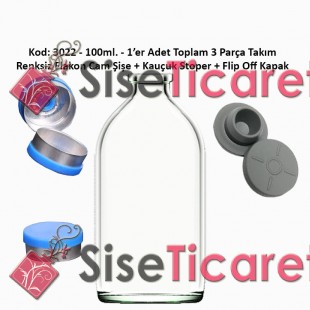 100ml. Flakon Renksiz Cam Şişe + Stoper + Flip Off Kapak