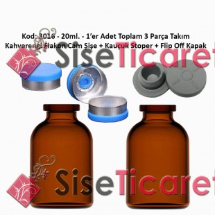 20/25ml. Flakon Amber Cam Şişe + Stoper + Flip Off Kapak