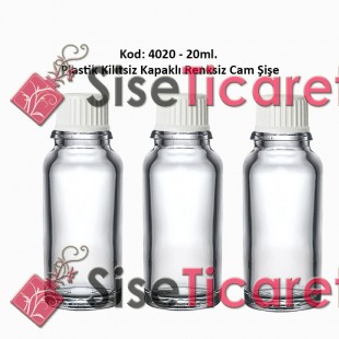 Kilitsiz Kapaklı Renksiz Cam Şişe 20ml Kod: 4020
